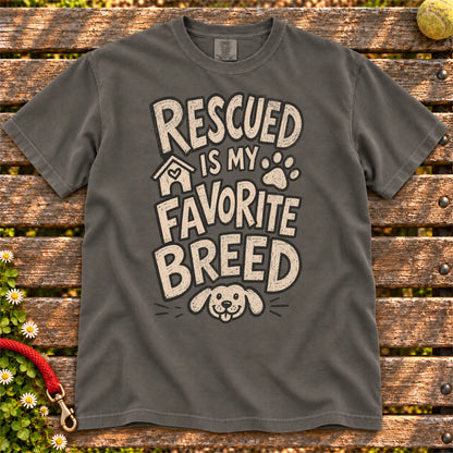 Rescued Is My Favorite Breed design on a Pepper Comfort Colors T-shirt, shown flat