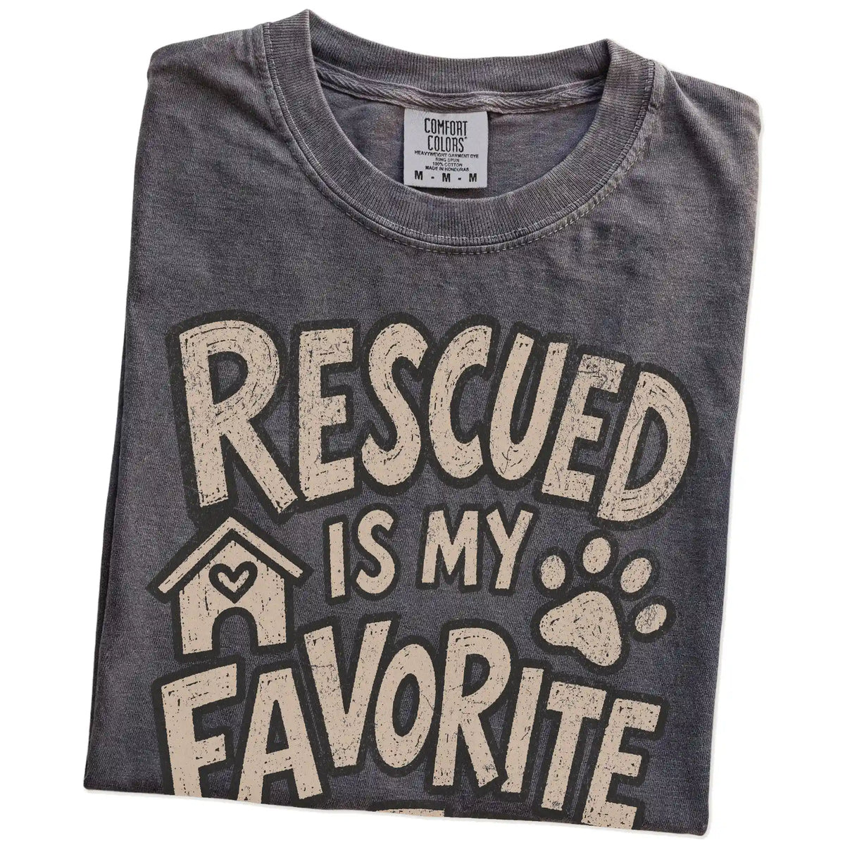 Folded Pepper Comfort Colors® T-shirt showing rescued is my favorite breed lettering