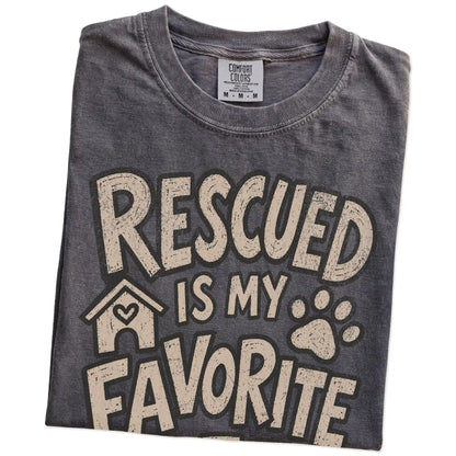Folded Pepper Comfort Colors® T-shirt showing rescued is my favorite breed lettering