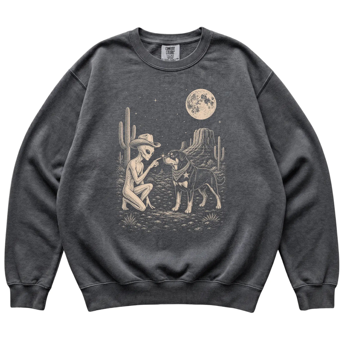 Pepper Comfort Colors® sweatshirt featuring Rottweiler Cowboy and Alien, laid-flat presentation