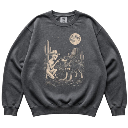 Pepper Comfort Colors® sweatshirt featuring Rottweiler Cowboy and Alien, laid-flat presentation