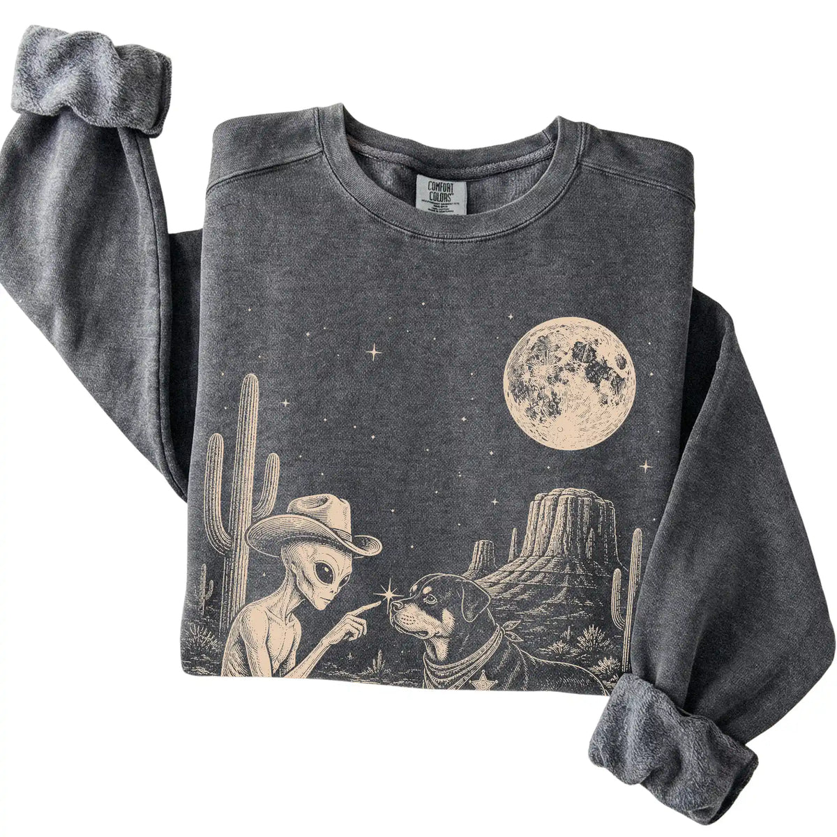 Pepper Comfort Colors® sweatshirt featuring Rottweiler Cowboy and Alien, folded presentation