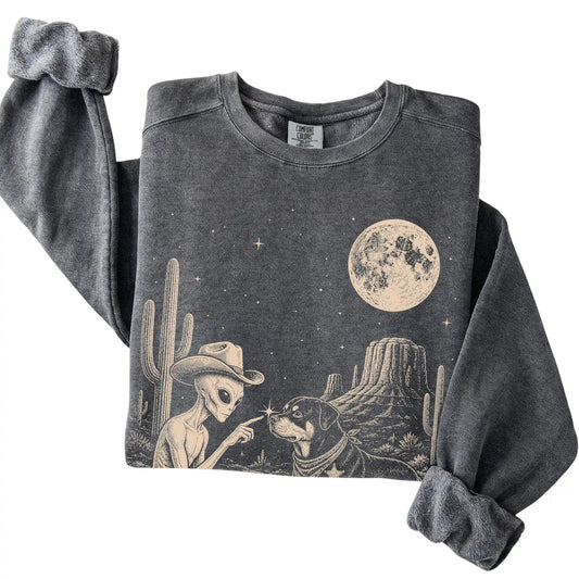 Pepper Comfort Colors® sweatshirt featuring Rottweiler Cowboy and Alien, folded presentation