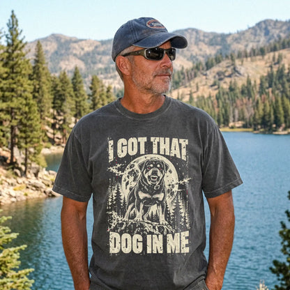 Pepper Rottweiler I Got That Dog in Me T-shirt, worn by a model