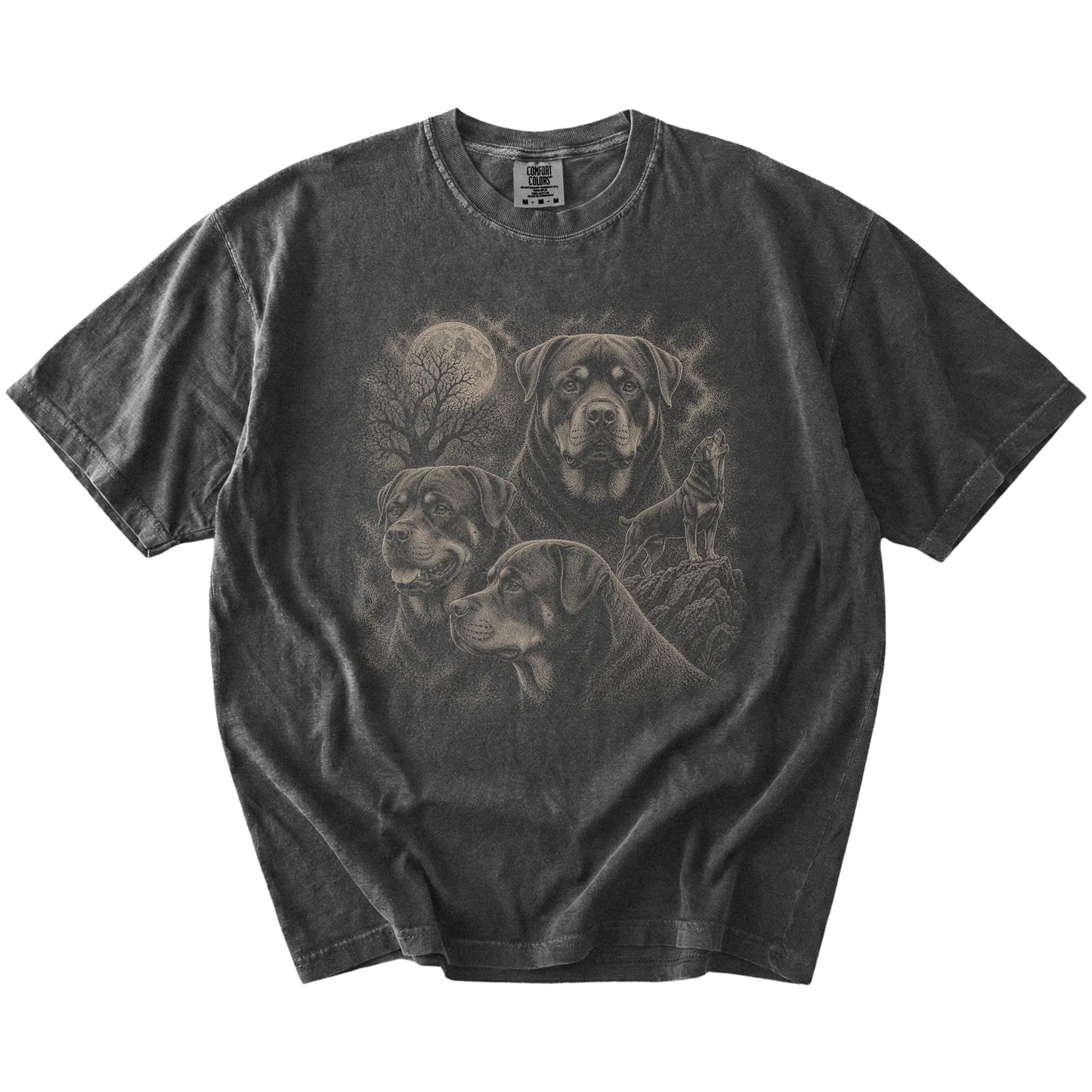 Vintage moon montage featuring Rottweiler on a Pepper Comfort Colors® T-shirt