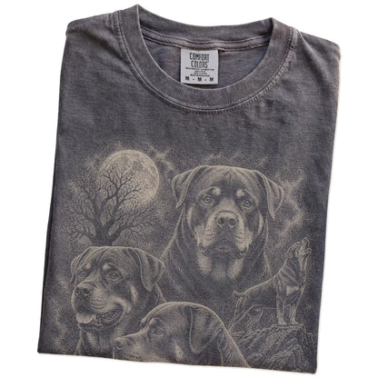 Folded Pepper Comfort Colors® T-shirt showing a vintage moon montage featuring Rottweiler
