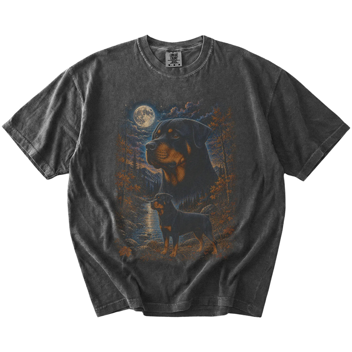 pepper T-shirt with Rottweiler Autumn Moon artwork.