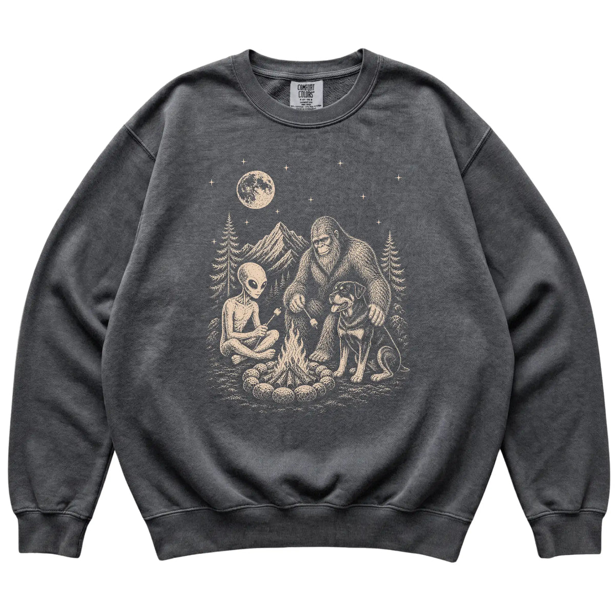 Pepper Rottweiler Camping with Bigfoot and Alien shirt laid flat