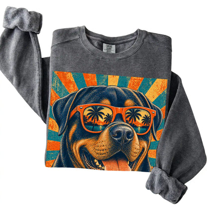 Folded Pepper Comfort Colors sweatshirt with a Retro Rottweiler Dad design