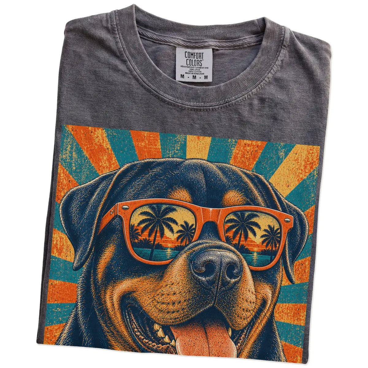 Retro Rottweiler Dad design on a Pepper Comfort Colors T-shirt folded detail