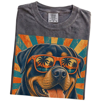 Retro Rottweiler Dad design on a Pepper Comfort Colors T-shirt folded detail