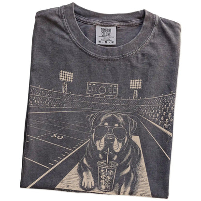Folded Pepper Comfort Colors® T-shirt showing Rottweiler ready for football and tailgate season