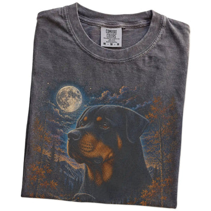 Folded Pepper Comfort Colors® t-shirt showing Rottweiler in a fall forest graphic
