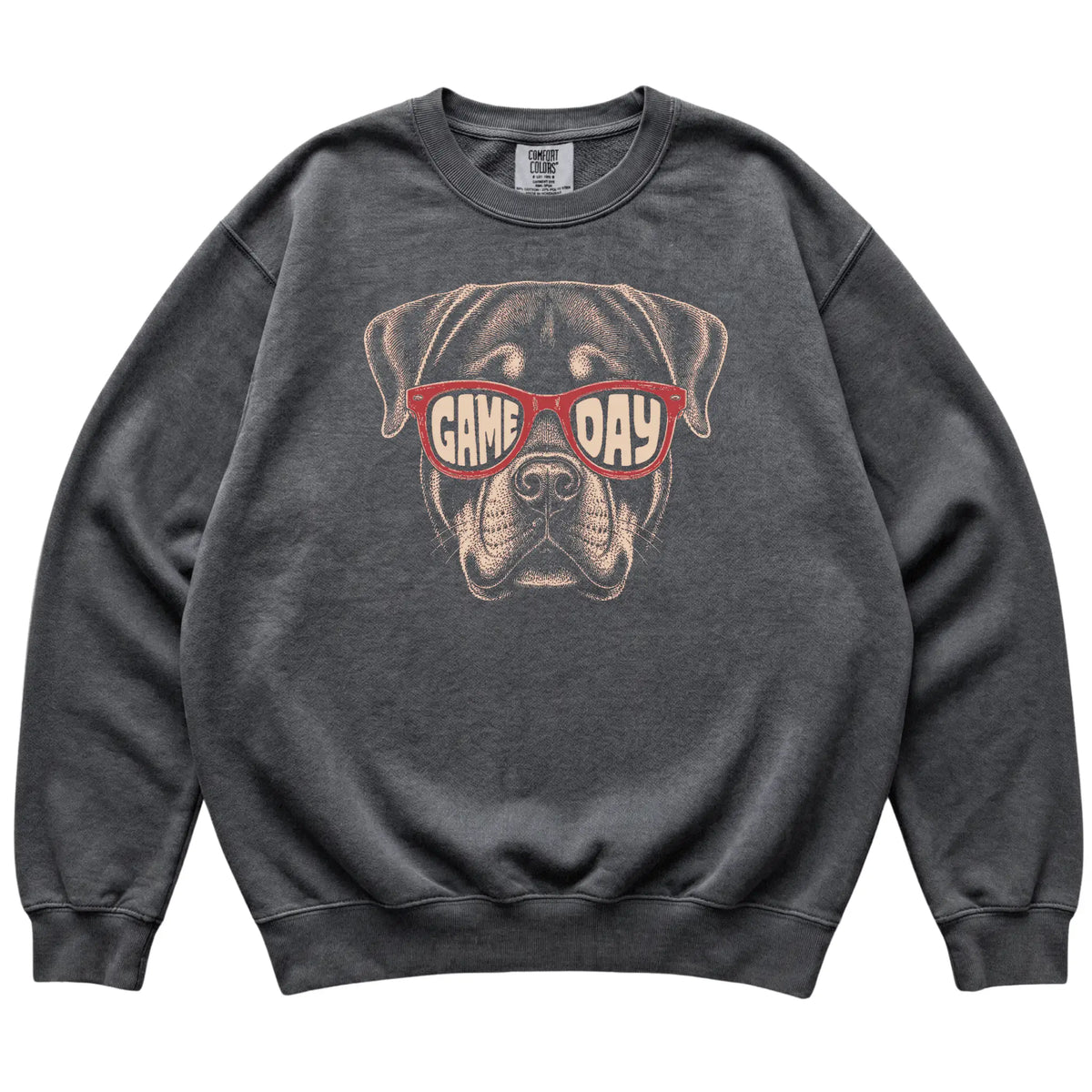Pepper Rottweiler Game Day Sunglasses sweatshirt, laid flat