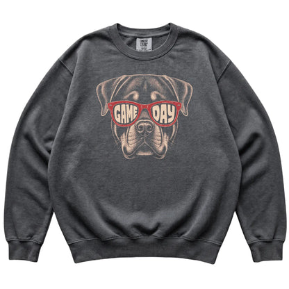 Pepper Rottweiler Game Day Sunglasses sweatshirt, laid flat
