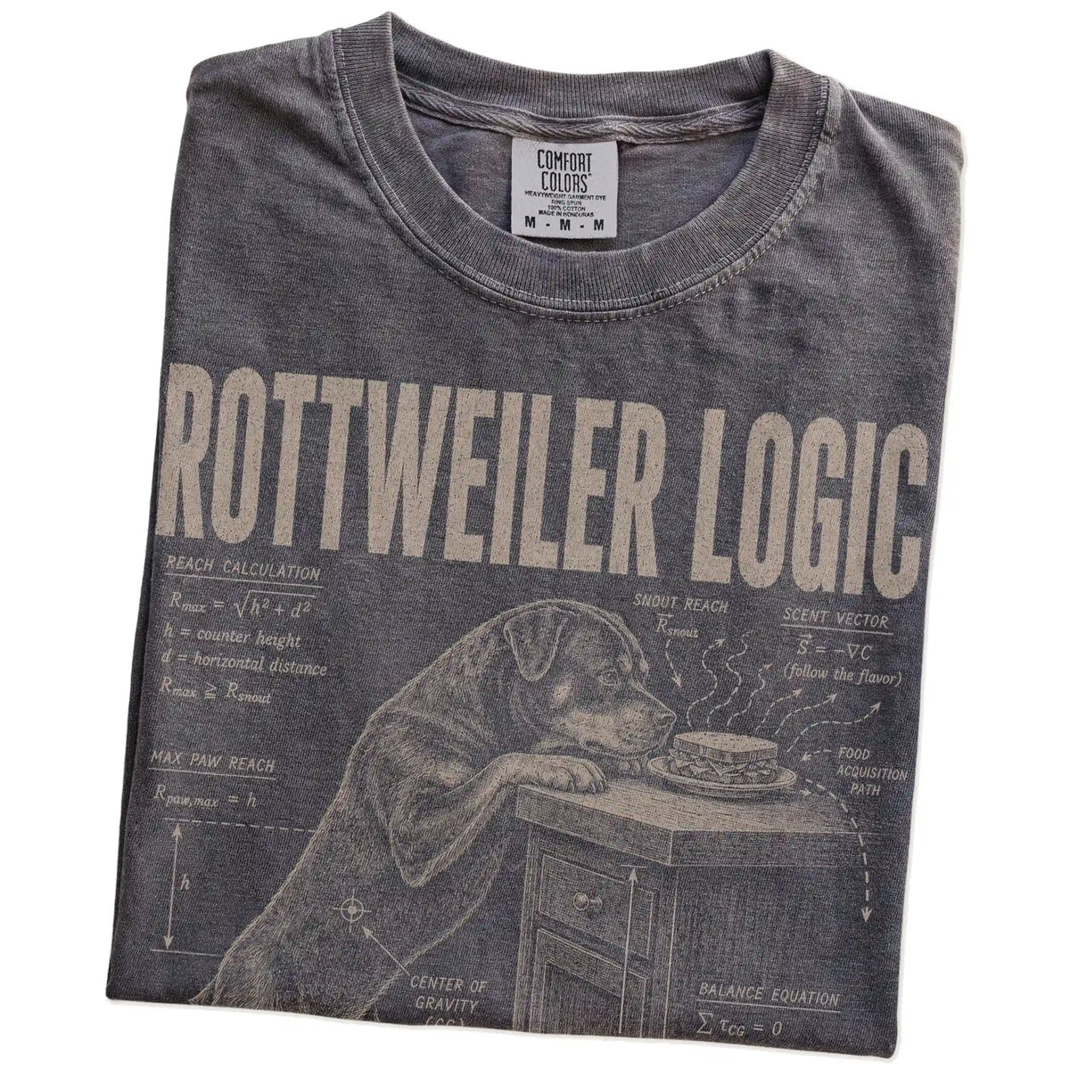 Folded Pepper Rottweiler Logic t-shirt showing the graphic
