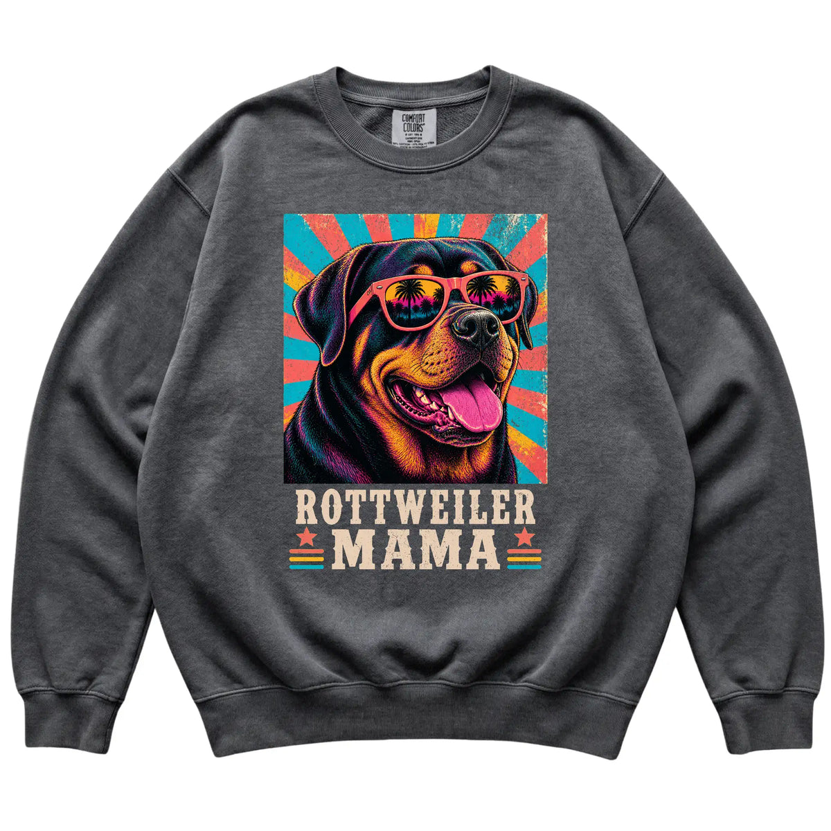 Retro Rottweiler Mama design on a Pepper Comfort Colors sweatshirt