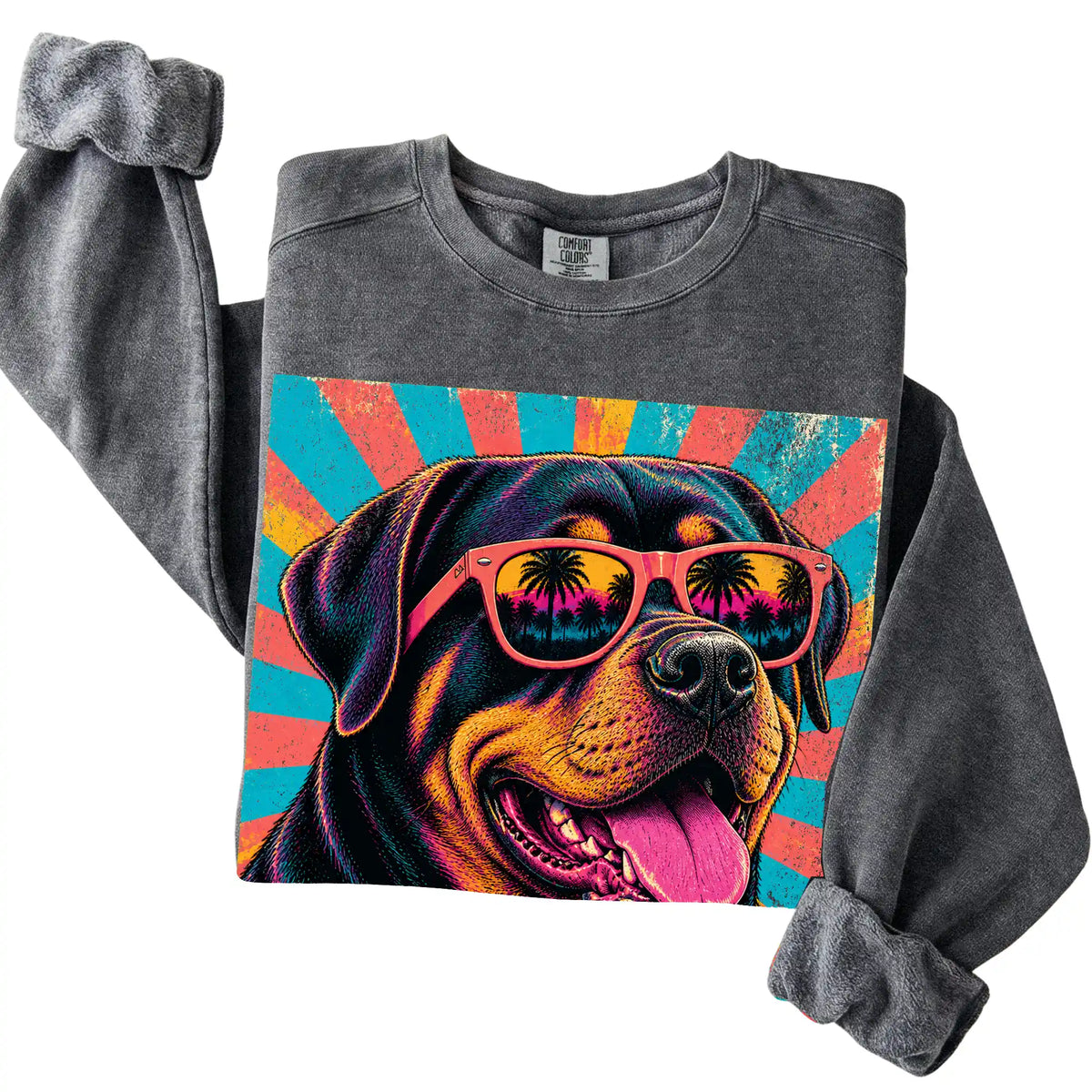 Folded Pepper Comfort Colors sweatshirt with a Retro Rottweiler Mama design