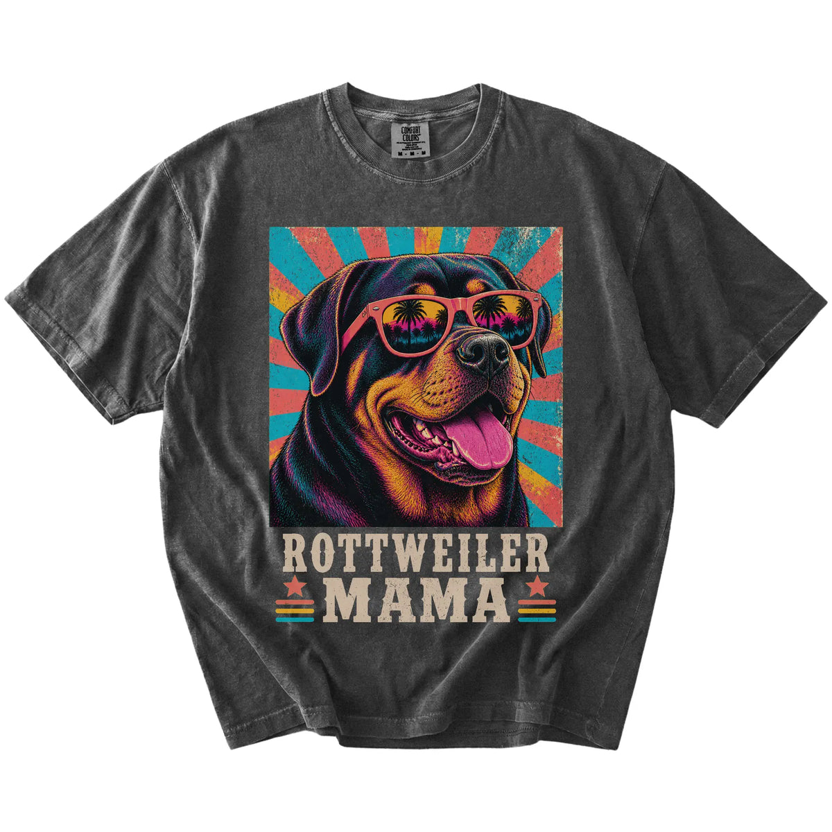 Retro Rottweiler Mama design on a Pepper Comfort Colors T-shirt