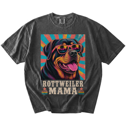 Retro Rottweiler Mama design on a Pepper Comfort Colors T-shirt