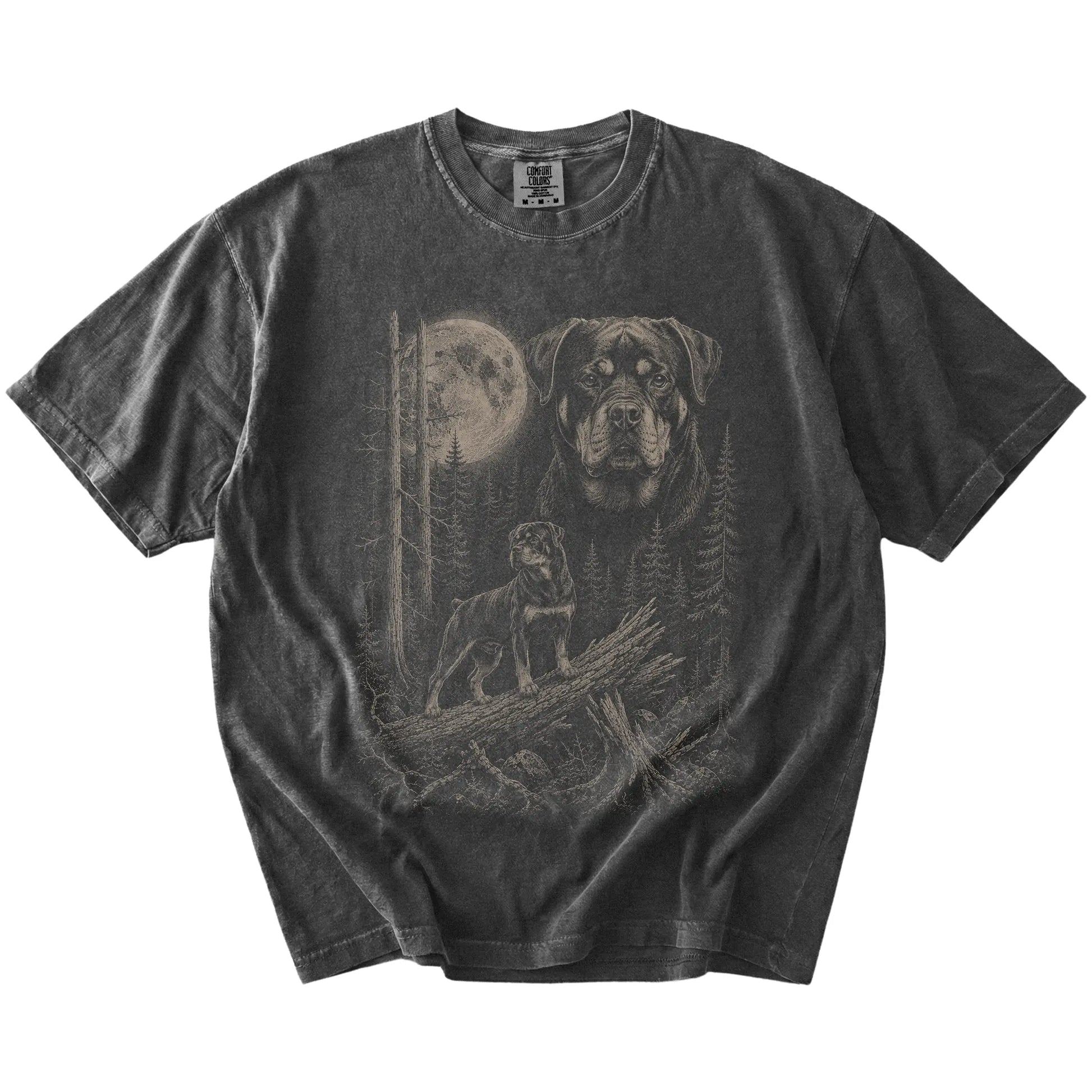 Pepper Rottweiler Moonlit Forest T-Shirt laid flat