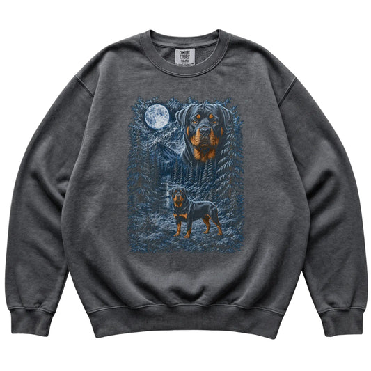 pepper sweatshirt with Rottweiler Winter Moon artwork.