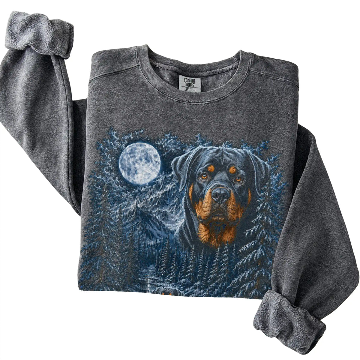 Folded pepper sweatshirt with Rottweiler Winter Moon artwork.