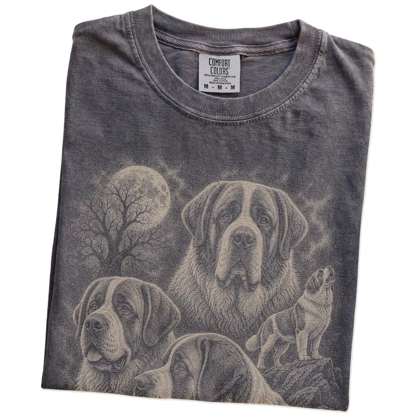 Folded Pepper Comfort Colors® T-shirt showing a vintage moon montage featuring Saint Bernard