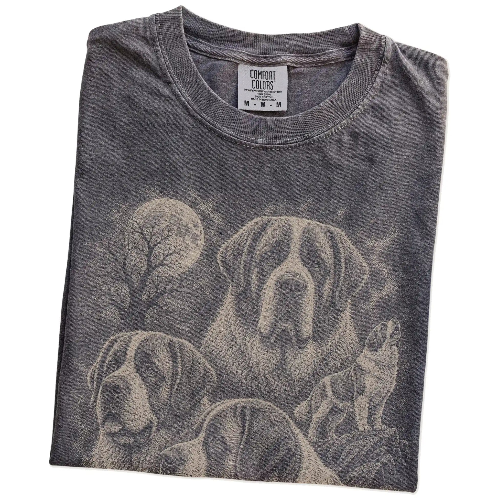 Folded Pepper Comfort Colors® T-shirt showing a vintage moon montage featuring Saint Bernard