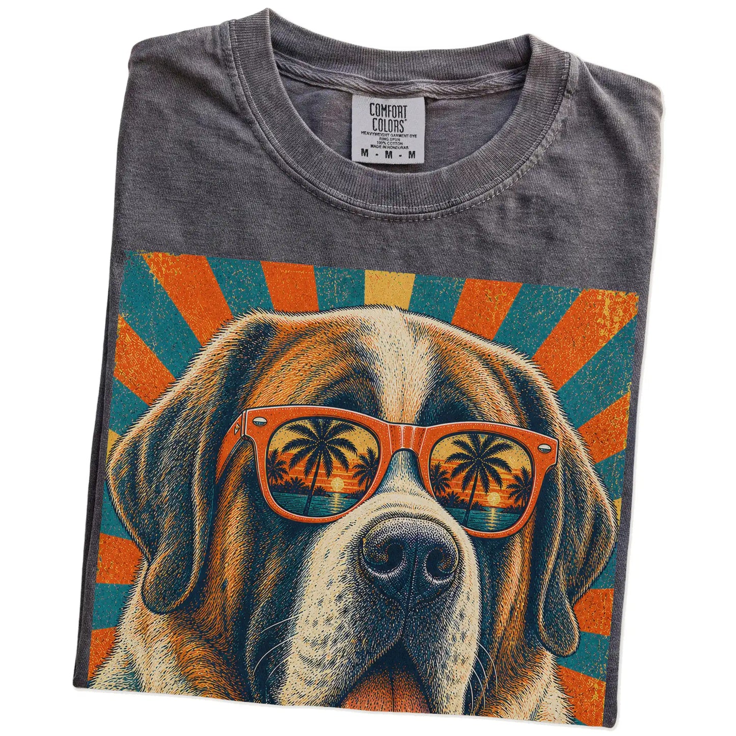 Retro Saint Bernard Dad design on a Pepper Comfort Colors T-shirt folded detail