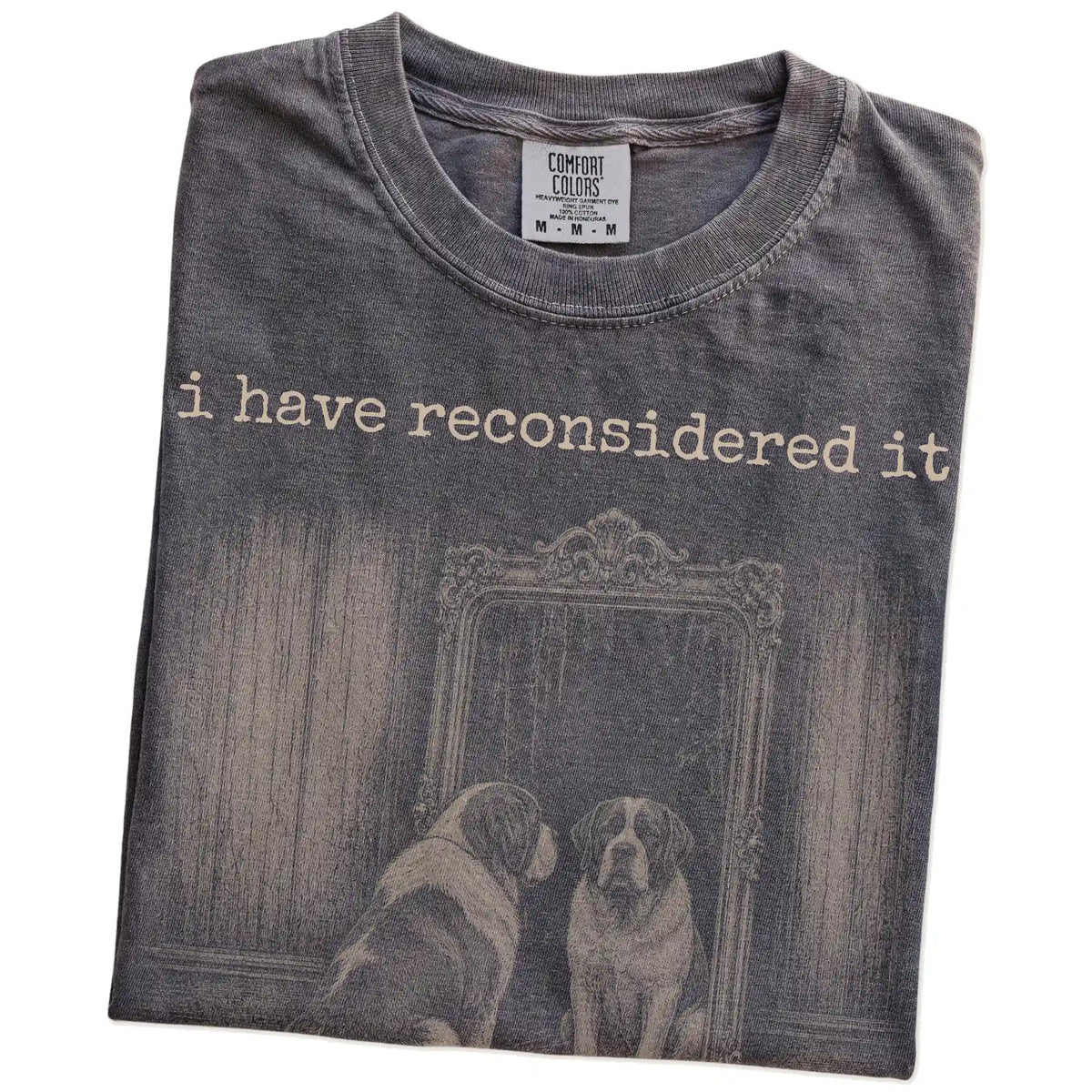 Folded Pepper Comfort Colors® T-shirt showing “the answer is still no” saint bernard design