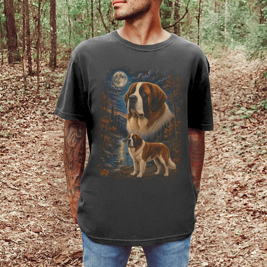 Model wearing a Pepper Comfort Colors® t-shirt featuring Saint Bernard in a moonlit fall forest