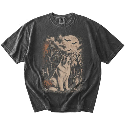Saint Bernard in a vintage haunted-house scene on a Pepper Comfort Colors® T-shirt