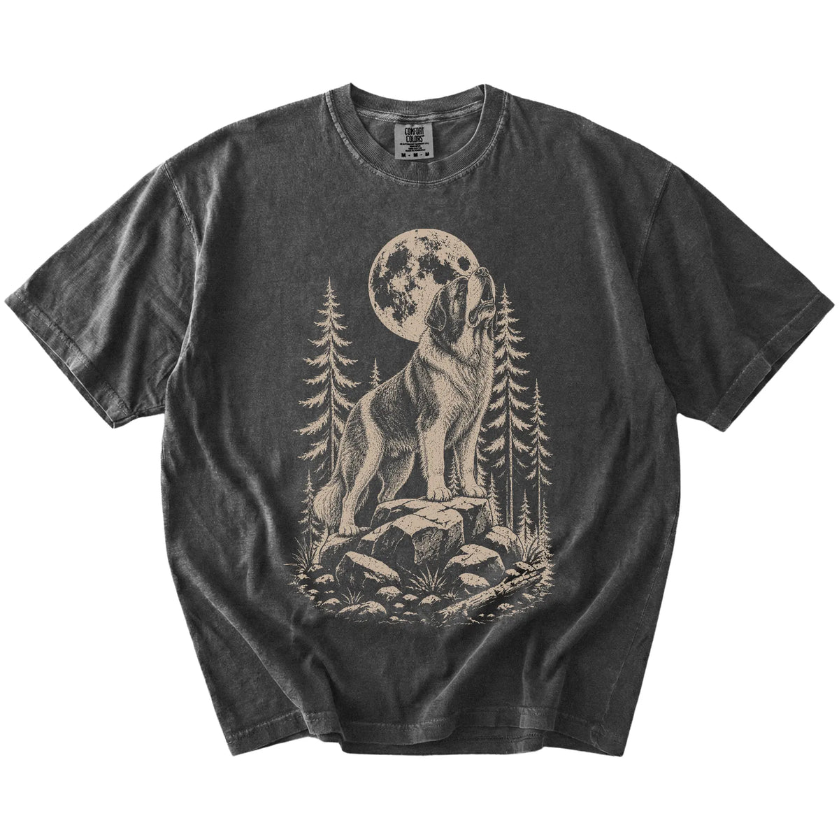 Saint Bernard howling beneath the moon and pine trees on a Pepper Comfort Colors® T-shirt