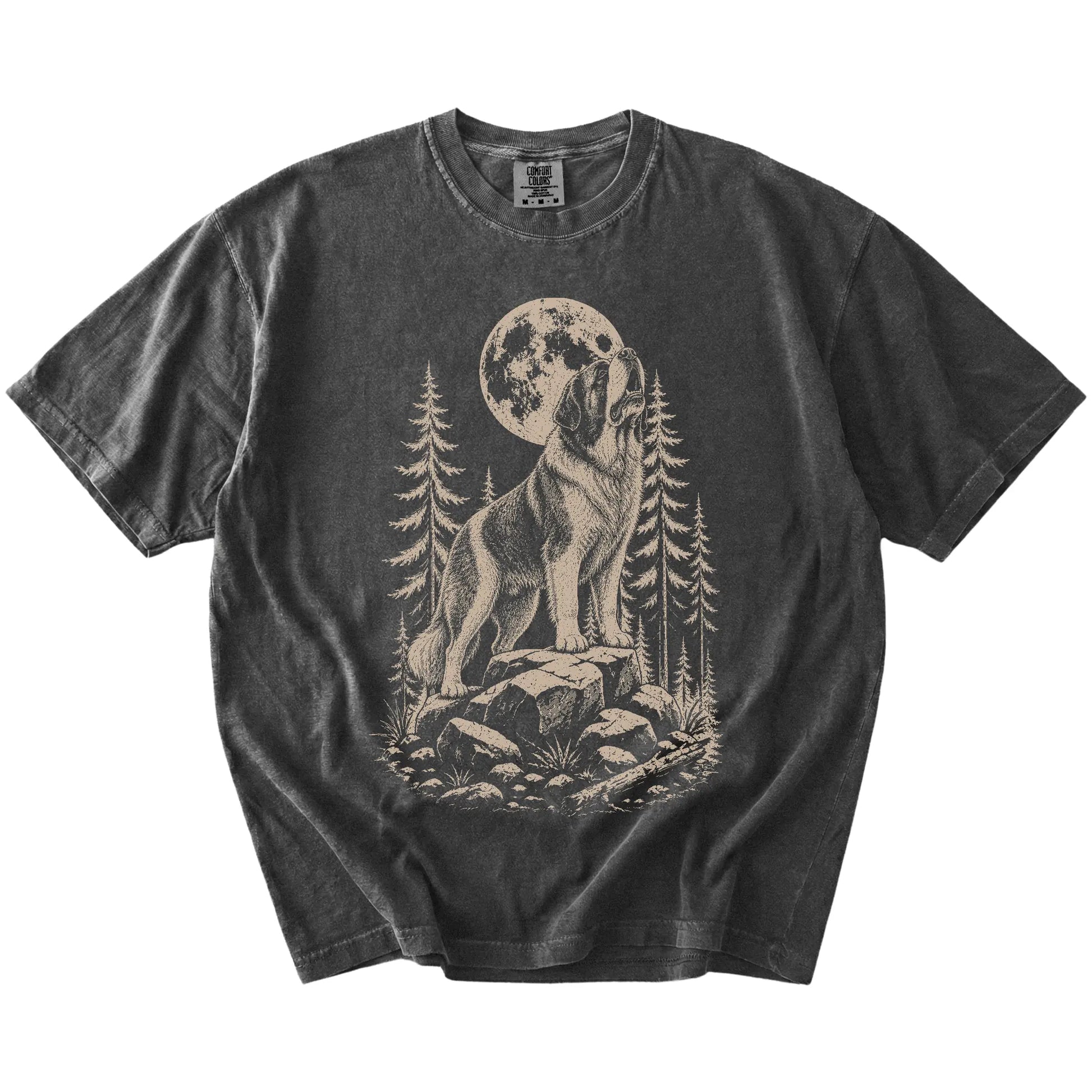 Saint Bernard howling beneath the moon and pine trees on a Pepper Comfort Colors® T-shirt