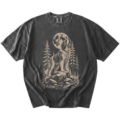 Saint Bernard howling beneath the moon and pine trees on a Pepper Comfort Colors® T-shirt