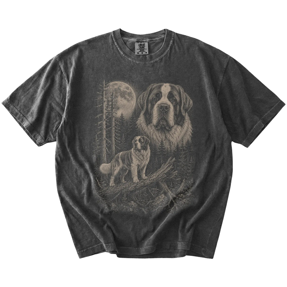 Pepper Saint Bernard Moonlit Forest T-Shirt laid flat
