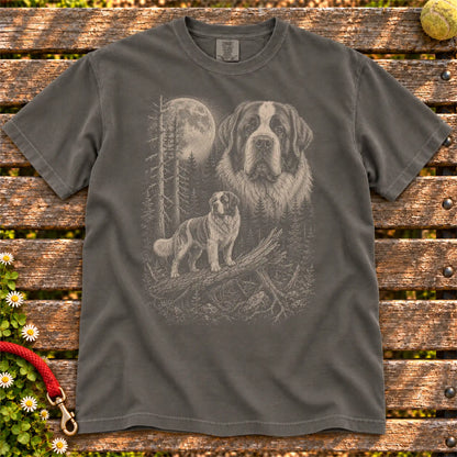 Saint Bernard Moonlit Forest design on a Pepper T-shirt shown flat