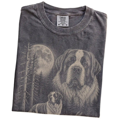 Folded Pepper Saint Bernard Moonlit Forest T-Shirt showing the graphic