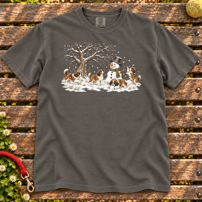 Saint Bernard puppies playing in snow with a snowman on a Pepper T-shirt