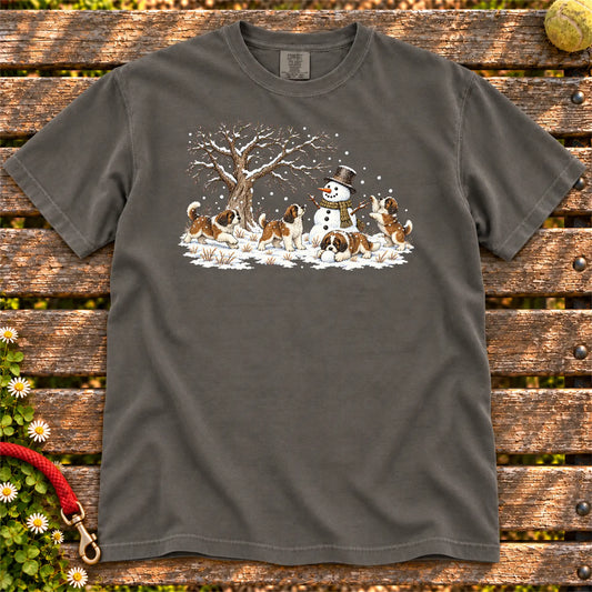Saint Bernard puppies playing in snow with a snowman on a Pepper T-shirt