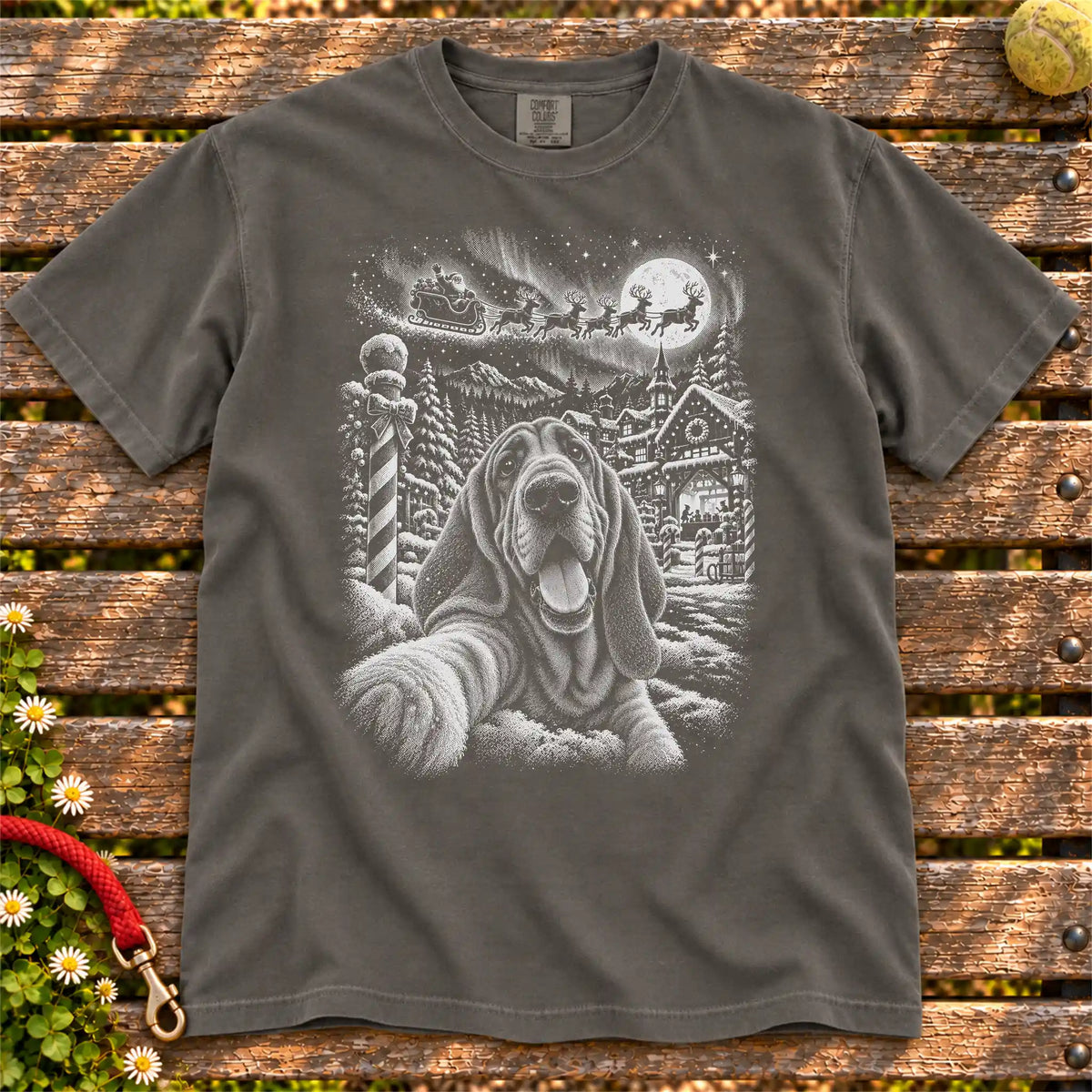 Bloodhound Santa Selfie design on a Pepper T-shirt