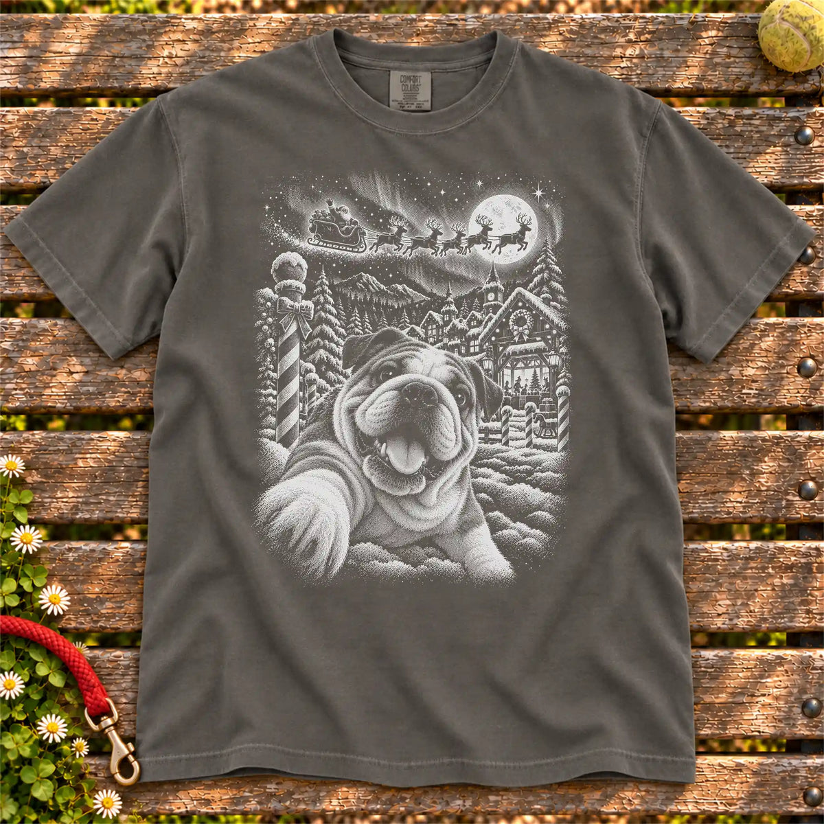 English Bulldog Santa Selfie design on a Pepper T-shirt