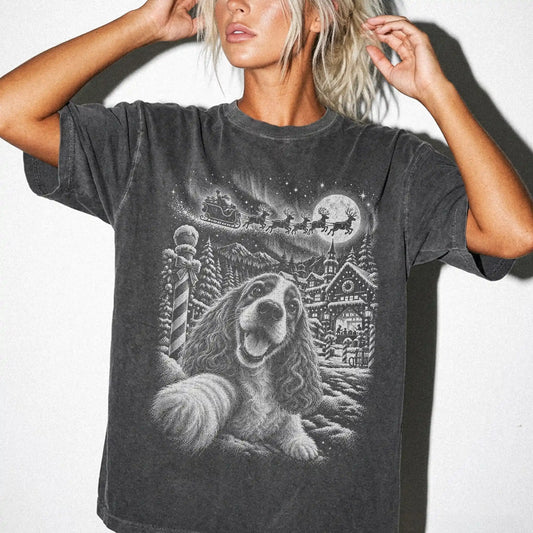 Woman wearing a Pepper Cocker Spaniel Santa Selfie T-shirt