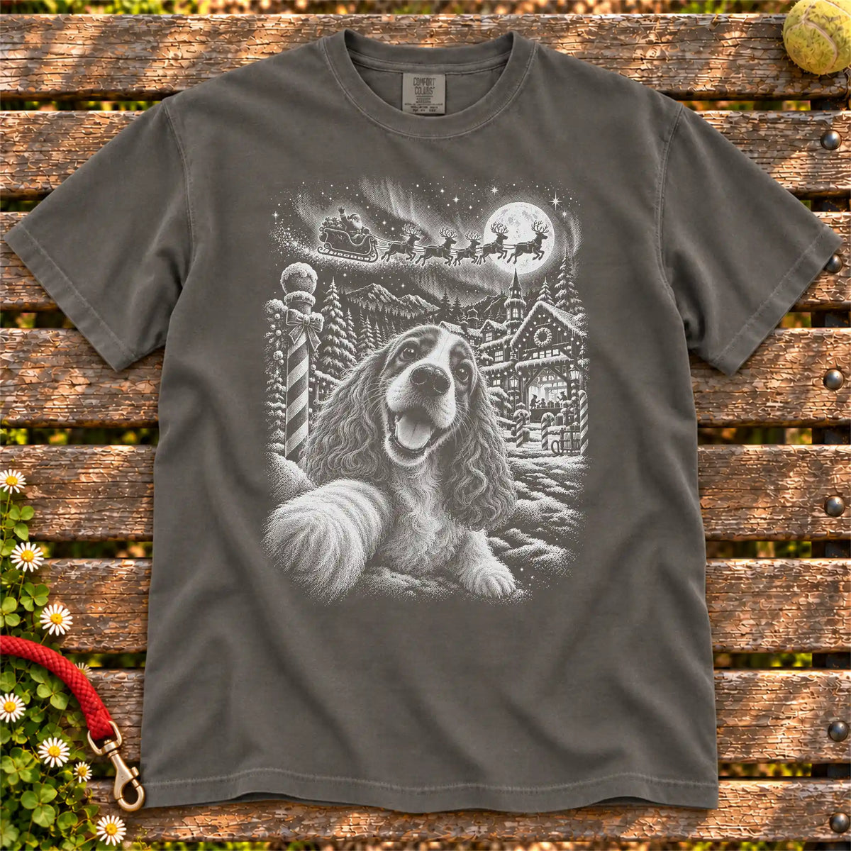 Cocker Spaniel Santa Selfie design on a Pepper T-shirt
