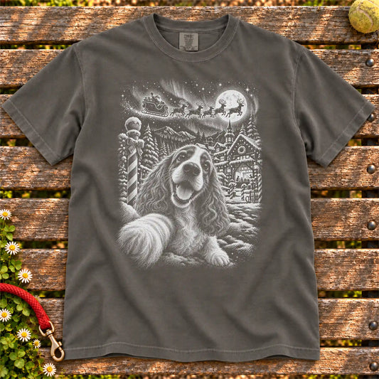Cocker Spaniel Santa Selfie design on a Pepper T-shirt