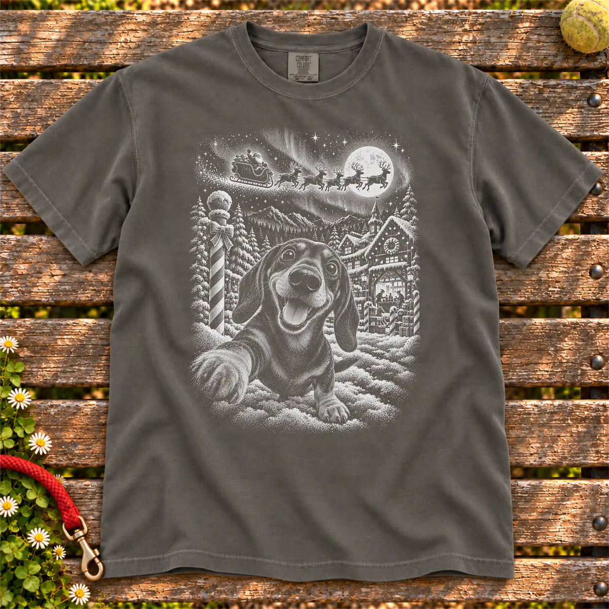 Dachshund Santa Selfie design on a Pepper T-shirt