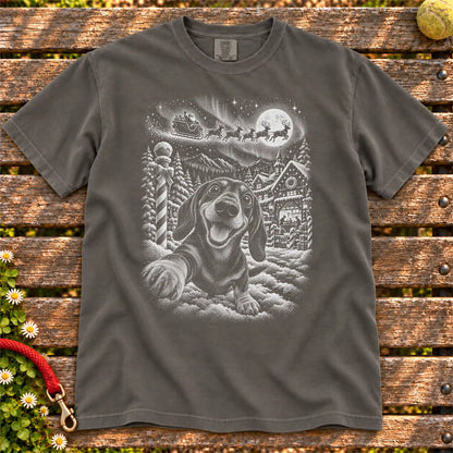 Dachshund Santa Selfie design on a Pepper T-shirt