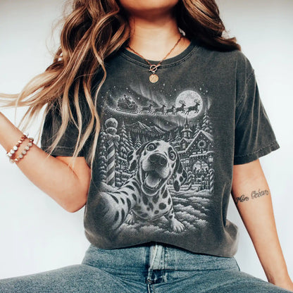 Woman wearing a Pepper Dalmatian Santa Selfie T-shirt