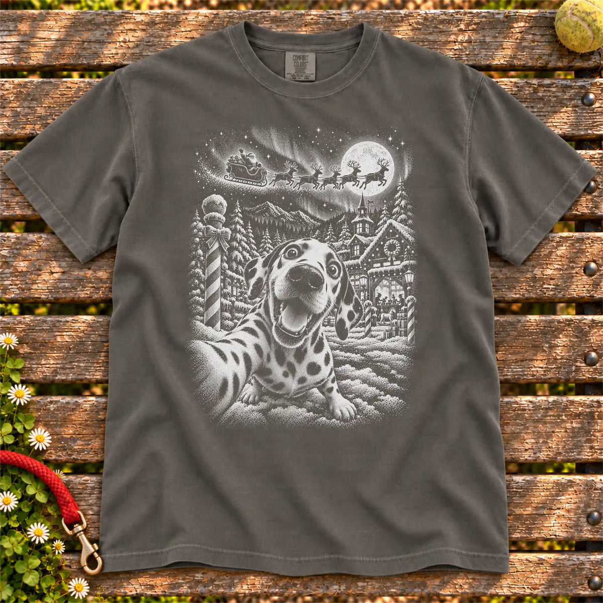 Dalmatian Santa Selfie design on a Pepper T-shirt